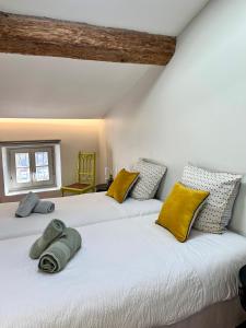 2 Betten in einem Zimmer mit gelben und grauen Kissen in der Unterkunft LA COUR CARREE in Carcassonne