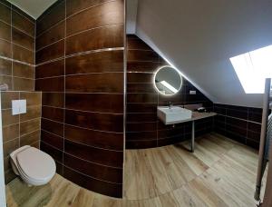 a bathroom with a toilet and a sink and a mirror at Le 4 in Montignac