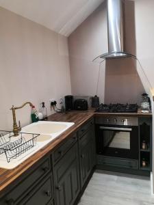 uma cozinha com um lavatório e um fogão forno superior em Converted cattle barn overlooking Strangford Lough em Newtownards