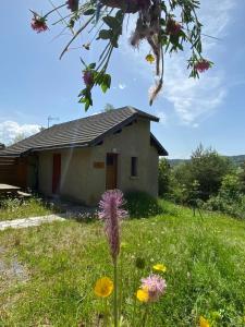 une maison dans un champ avec des fleurs devant elle dans l'établissement Les Chalets de Montclar Azur et Neige, à Montclar