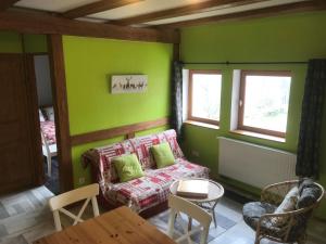 uma sala de estar com paredes verdes e um sofá em La Petite Finlande em Orbey