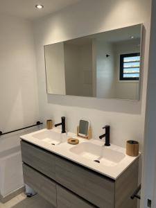 a bathroom with a white sink and a mirror at Cottage Cosy Duplex Anse Marcel, Vue mer et marina in Anse Marcel 