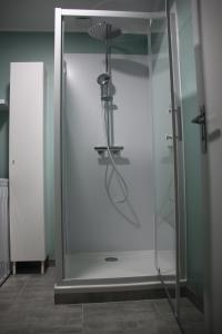 y baño con ducha y puerta de cristal. en GITE SANDPAS, en Compeyre