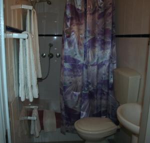 a bathroom with a toilet and a shower curtain at Santa Isabel in Portimão