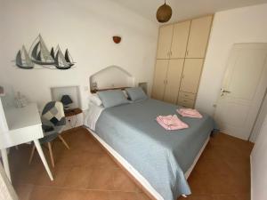 a small bedroom with a bed and a desk at Nikos Country House in Naousa