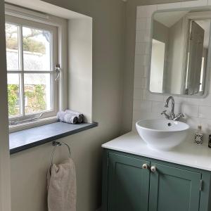 a bathroom with a sink and a mirror at Dyffryn in Newport Pembrokeshire