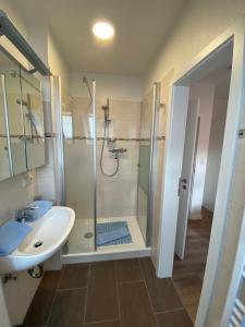 W łazience znajduje się prysznic, umywalka i toaleta. w obiekcie Apartmenthaus am Watt Büsum w Büsum
