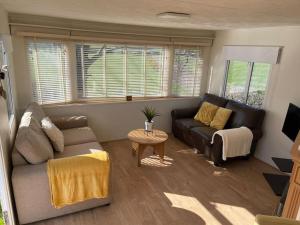 a living room with a couch and a table at Coed Bach, Nr Rhosneigr, Anglesey (Pet Friendly) in Rhosneigr