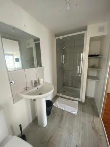 y baño blanco con lavabo y ducha. en L'ANNEXE DE L'AMERIVIERE en Aubrives
