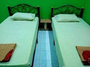 two beds in a room with a green wall at Diamond hill salak phet in Ko Chang