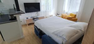 a bedroom with a bed and a tv and a chair at Studio Zen in Niort