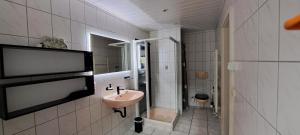 une salle de bain avec un lavabo et un miroir dans l'établissement Zur alten Schmiede - Breitenbrunn/Erzgebirge, à Breitenbrunn/Erzgeb.