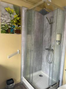 um chuveiro com uma porta de vidro na casa de banho em Hôtel Les Jardins Dunkerque centre em Dunkerque