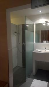 a bathroom with a glass shower and a sink at Gasthof Pichler in Bruck an der Mur