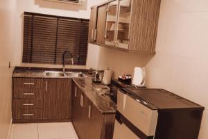 cocina con fregadero y encimera en Bricks Point - Boutique Apartments, en Abuja