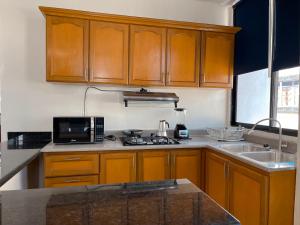 cocina con armarios de madera, fregadero y microondas en Hotel Casa Libertad, en Santo Domingo