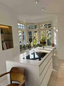 a white kitchen with a sink and some windows at Laurelia Suites in Merano