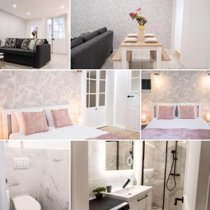 eine Collage mit Fotos von einem Schlafzimmer und einem Wohnzimmer in der Unterkunft Appartement rénové - wifi - jardin - centre de Niort in Niort