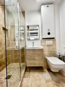 ein Bad mit einer Dusche, einem WC und einem Waschbecken in der Unterkunft Chez Thibault brandnew one bedroom apartment in Antibes in Antibes