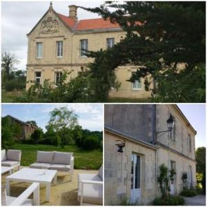 two pictures of a house and a table in front of it at Château Bernon Maison d Hotes - Piscine et sauna in Queyrac