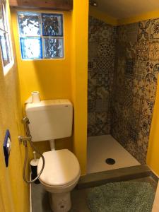 ein Bad mit einem WC und einer gelben Wand in der Unterkunft Borretta in Serramazzoni