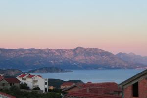 uma vista para a água e montanhas com casas em Apartments Adriatika em Budva