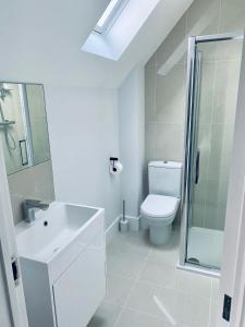 uma casa de banho com um WC, um lavatório e um chuveiro em Luxury Modern Cotswold Cottage em Stow on the Wold