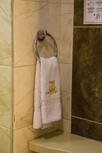 a towel hanging on a towel rack in a bathroom at hotel medellin gold in Medellín