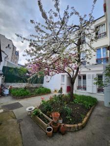 パリにあるThe heart of Montmartreの中庭のピンクの花の木
