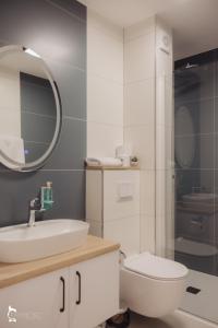 a bathroom with a sink and a toilet and a mirror at ZEN Garden Apartments in Cluj-Napoca