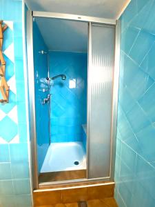 a blue bathroom with a shower with a glass door at Appartamento Orticello in Cala Gonone