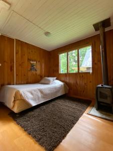 a bedroom with a bed and a tv in it at Bosque Patagonico Cabañas y Camping in Hornopiren