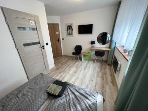 1 dormitorio con 1 cama y escritorio con TV en Pod Gromadzyniem Resort en Ustrzyki Dolne