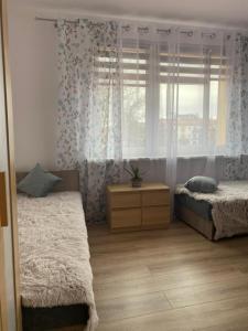 1 dormitorio con 2 camas y ventana en U Basi i Romana en Sztutowo