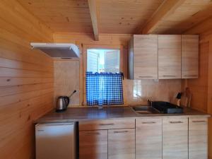a kitchen with wooden cabinets and a sink in a cabin at Hals domki letniskowe in Ustronie Morskie