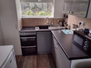 a kitchen with a stove and a sink and a window at 19 Seadell in Hemsby