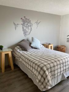 a bedroom with a bed with a plaid comforter at Increible departamento en la del valle in Mexico City