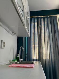 encimera de cocina con fregadero y ventana en Istanbul Hub Flats, en Estambul