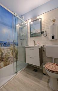 a bathroom with a toilet and a sink and a shower at FeWo-Strandhuus-107-70-Meter-zum-Strand in Burgtiefe auf Fehmarn 