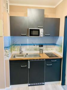 a kitchen with a sink and a microwave at FeWo-Strandhuus-107-70-Meter-zum-Strand in Burgtiefe auf Fehmarn 