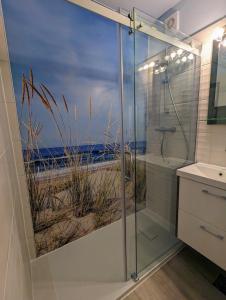 a bathroom with a shower with a view of the beach at FeWo-Strandhuus-107-70-Meter-zum-Strand in Burgtiefe auf Fehmarn 