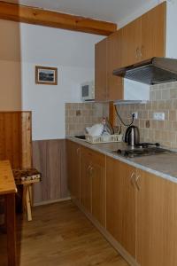 cocina con armarios de madera y encimera en Rokytnice 434 en Rokytnice nad Jizerou