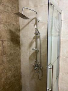 a shower with a glass door in a bathroom at MiaDabia Supreme in Madaba
