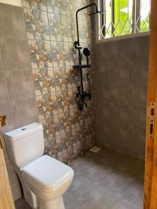 a bathroom with a toilet and a stone wall at Tiny house with amazing view in Arusha