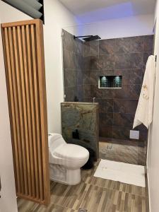La salle de bains est pourvue d'une douche et de toilettes. dans l'établissement Palmar San Gil, à San Gil