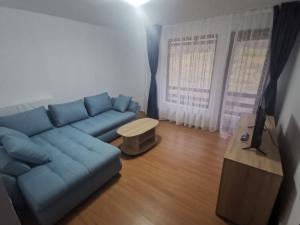 a living room with a blue couch and a table at Cabana Ciresarii in Sohodol