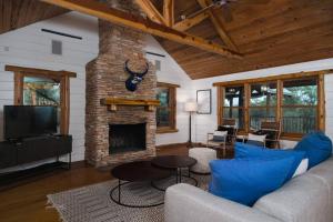 a living room with a couch and a fireplace at Beacon Log Cabin in Austin