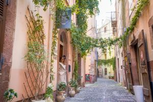 una mujer caminando por una calle en un callejón en Domo 'e sa rosa en Bosa