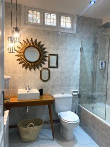 a bathroom with a toilet and a sink and a shower at Apartamentos La Muralla in Santo Domingo de la Calzada