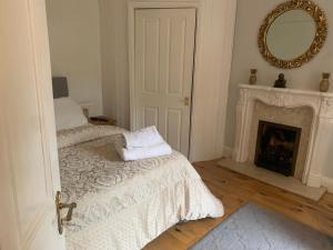 a bedroom with a bed with a fireplace and a mirror at Albany house in Birmingham